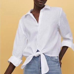 NWT H&M Women White Solid Tie-Hem Linen Button Down Shirt M